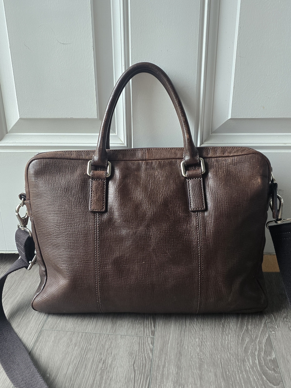 Fossil Mens Brown Leather Briefcase Laptop Bag Double Zip Crossbody Distressed